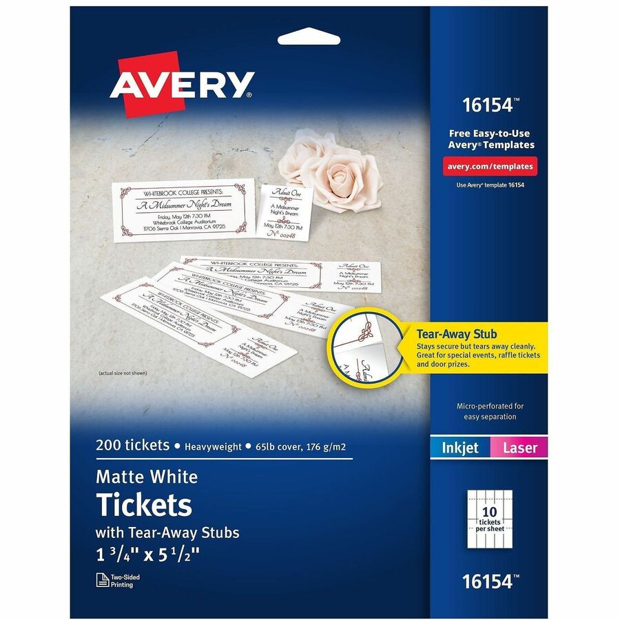 Avery®, Blank Tickets with Tear-Away Stubs - 1 3/4" Widthss x 5 1/2" Length - Laser, Inkjet - Matte White - 20 / Sheet - 200/Pack - 5 / Carton