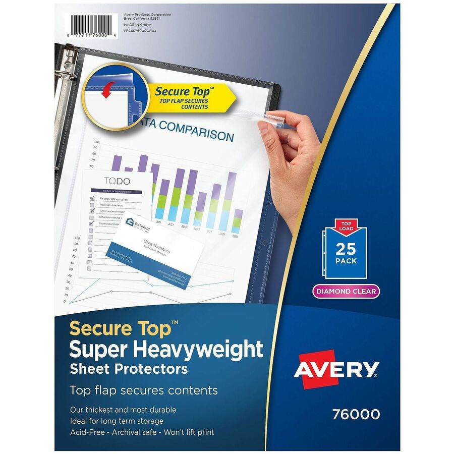 Avery®, Secure Top Sheet Protectors - For Letter 8 1/2" x 11" Sheet - 3 x Holes - Ring Binder - Top Loading - Clear - Polypropylene - 25/Pack - 3 / Bundle