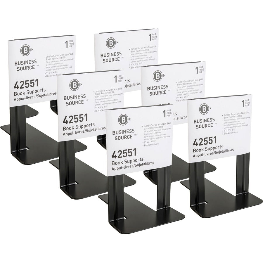 Business Source Heavy-gauge Steel Book Supports - 8.50" Height x 9" Width x 6" Depth - Desktop - Non-skid Base, Scratch Resistant, Stain Resistant - Black - Steel - 2/Pair - 6 / Box