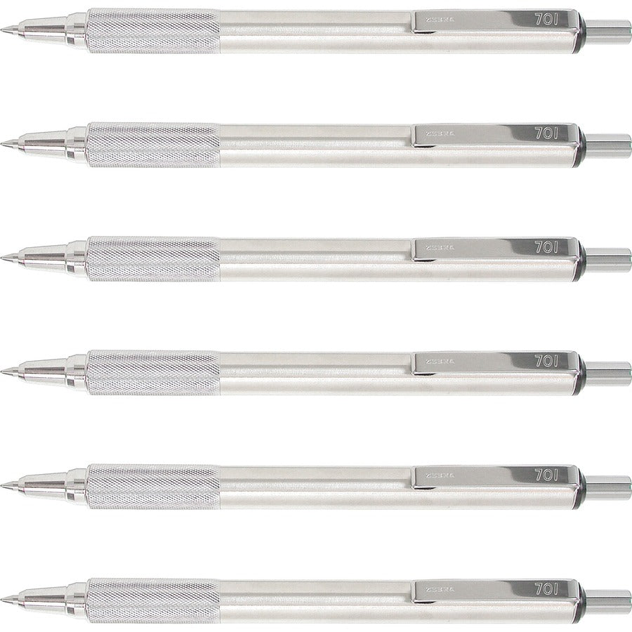 Zebra Pen STEEL 7 Series F-701 Retractable Ballpoint Pen - Refillable - Retractable - Black Ink - Stainless Steel Barrel - 6 / Box