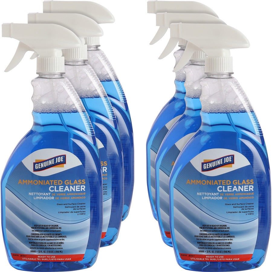 Genuine Joe Ammoniated Glass Cleaner - For Hard Surface, Multipurpose - Ready-To-Use - Spray - 32 fl oz (1 quart) - Recommended For: Grease Remover, Smoke Film Remover, Smudge Remover - Blue - 6 / Carton