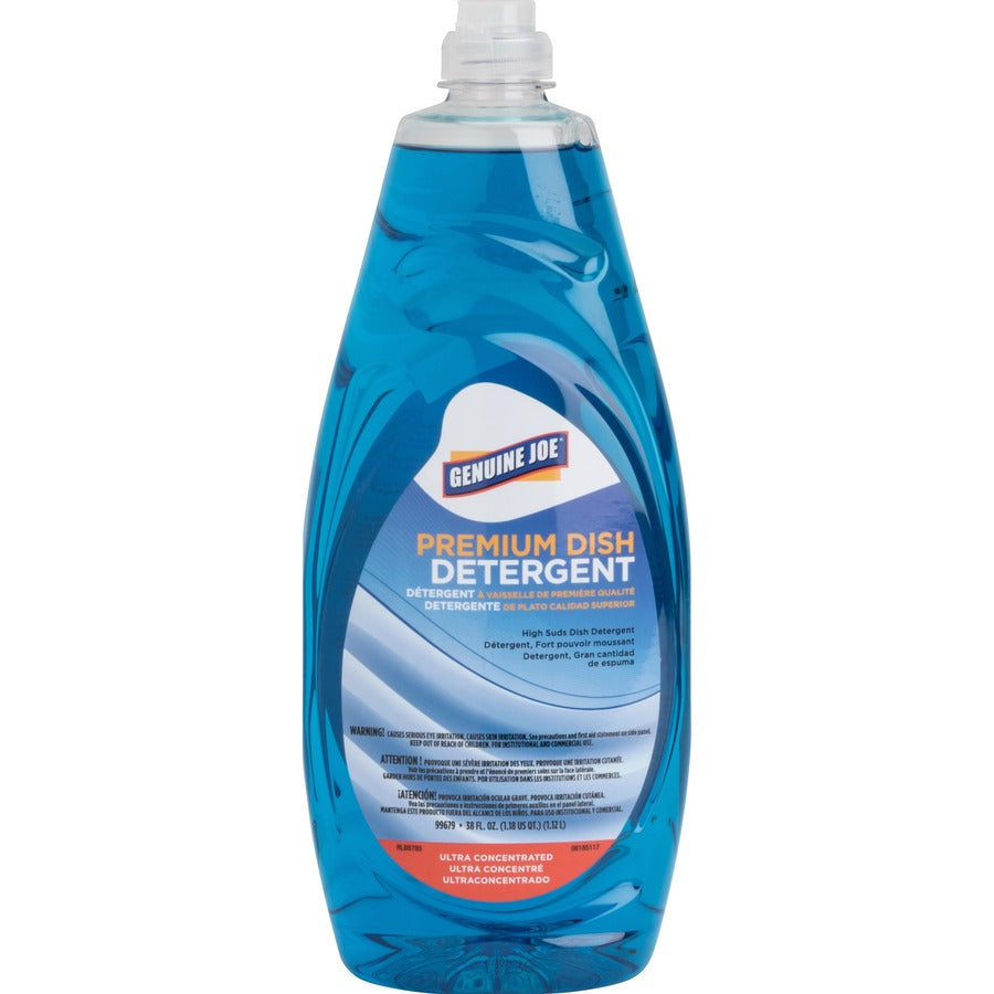 Genuine Joe Premium Dish Detergent - For Dish - Concentrate - 38 fl oz (1.2 quart) - Recommended For: Grease Remover - Film-free - Blue - 1 Each