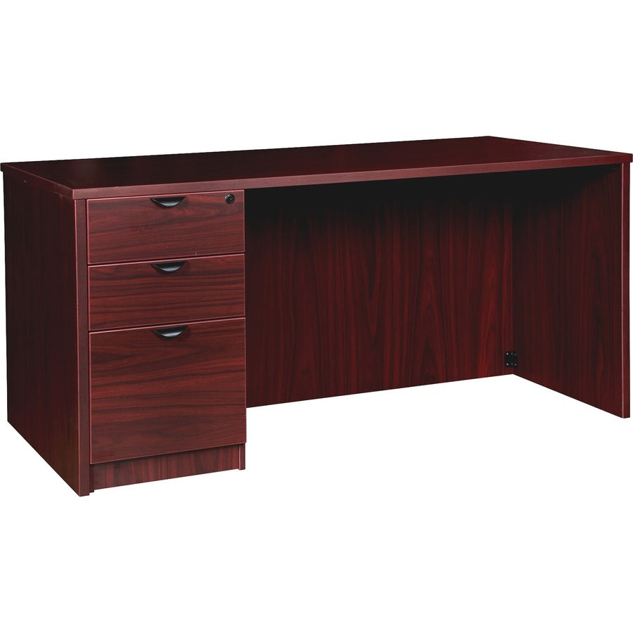 Lorell Prominence 2.0 Left-Pedestal Desk - 1" Thickness Top, 29" Height x 66" Width x 30" Depth - Total Drawer(s): 3 - Single Pedestal on Left Side - Band Edge - Material: Particleboard - Finish: Mahogany Laminate, Thermofused Melamine (TFM) - 1 Each