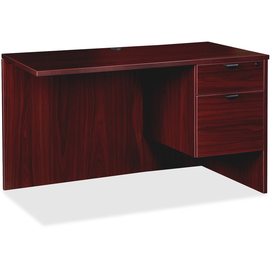 Lorell Prominence 2.0 Right Return - 29" Height x 42" Width x 24" Depth, 1" Thickness Top - Total Drawer(s): 2 - Single Pedestal on Right Side - Band Edge - Material: Particleboard - Finish: Mahogany Laminate, Thermofused Melamine (TFM) - Durable, Mar...