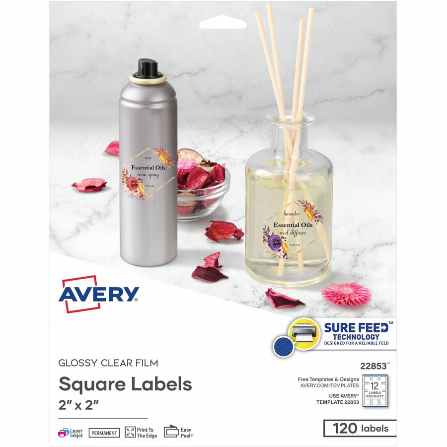 Avery®, Sure Feed Glossy Labels - Waterproof - 2" Width x 2" Length - Permanent Adhesive - Square - Inkjet, Laser - Glossy Crystal Clear - Crystal Clear - Film - 12 / Sheet - 12 Total Sheets - 120 Total Label(s) - 1 Pack