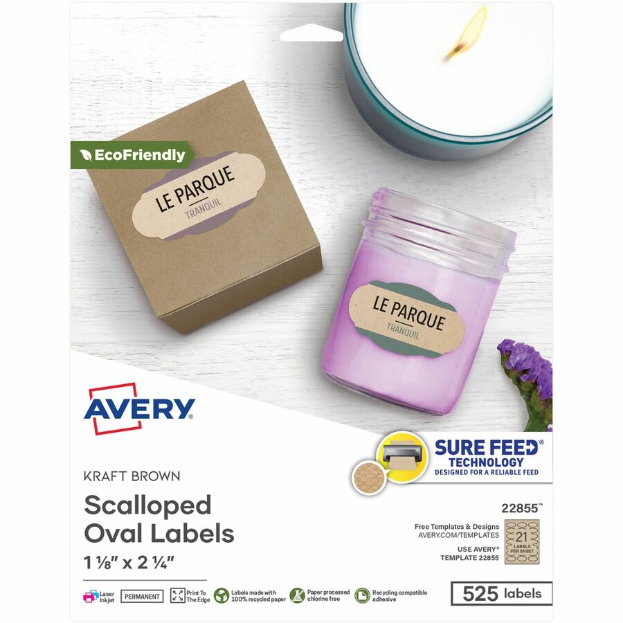 Avery®, Multipurpose Label - Waterproof - 1 1/8" Width x 2 1/4" Length - Permanent Adhesive - Oval Scallop - Inkjet, Laser - Matte Kraft Brown - Matte - Paper - 21 / Sheet - 21 Total Sheets - 525 Total Label(s) - 525 / Pack