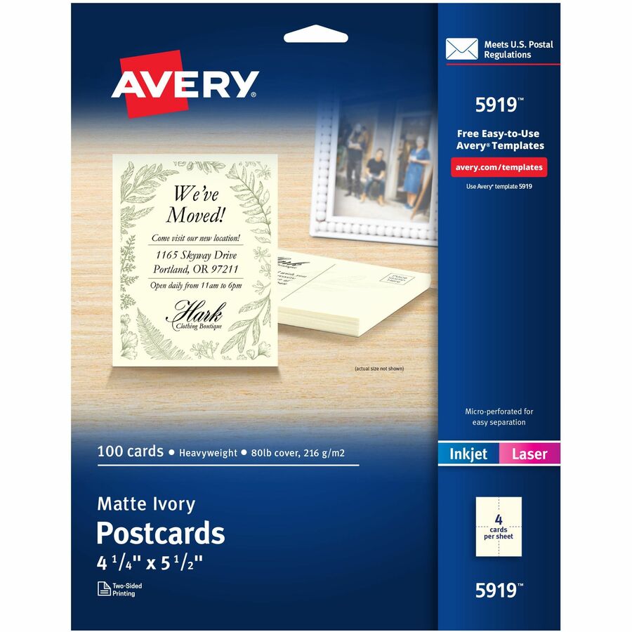 Avery®, Postcards, Ivory, Two-Sided, 4-1/4" x 5-1/2" , 100 Cards (5919) - 79 Brightness - 4 1/4" x 5 1/2" - 80 lb Basis Weight - 216 g/m², Grammage - Matte - Rounded Corner, Sturdy, Double-sided, Printable, Uncoated, Perforated - Ivory - 1 Box