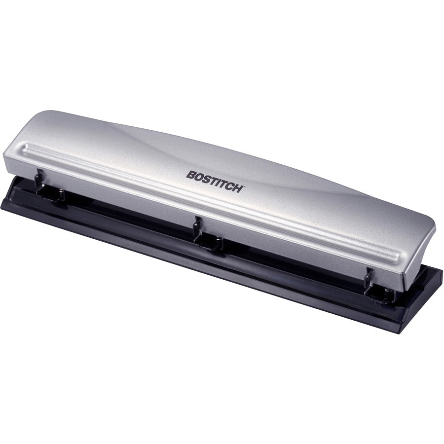 Bostitch 3-hole Punch - 3 Punch Head(s) - 12 Sheet - 9/32" Punch Size - Steel, Rubber - 2.5" Width x 10.6" Depth x 1.7" Height - Silver, Black