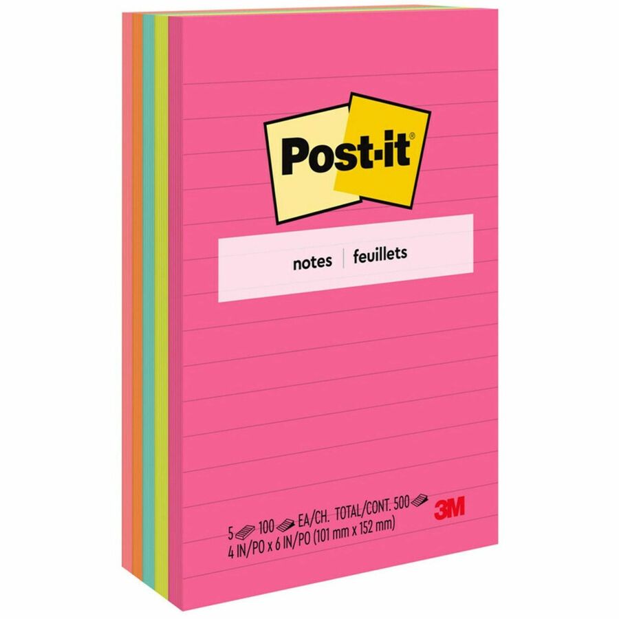 Post-it®, Notes Original Notepads - Poptimistic Color Collection - 4" Flag/Note Width x 6" Flag/Note Length - Rectangle - 100 Sheets per Pad - Ruled - Power Pink, Neon Green, Aqua, Neon Orange, Guava Pink - Self-adhesive, Self-stick - 5 / Pack