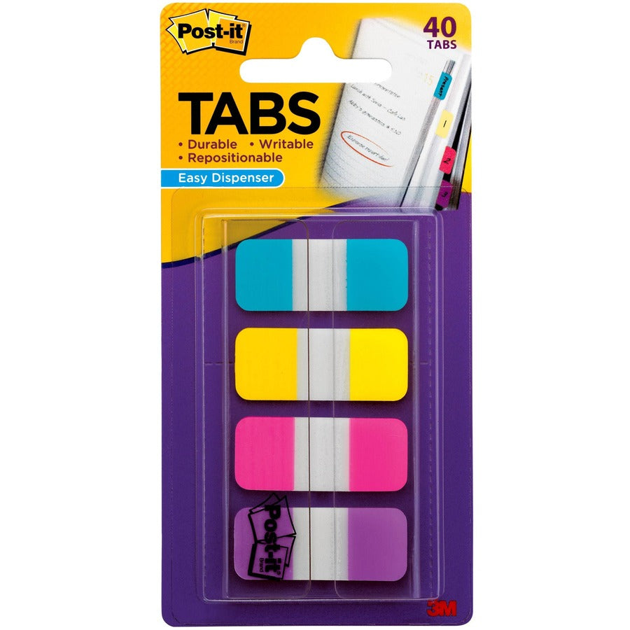Post-it®, Easy Dispenser Tabs - 40 Tab(s) - 0.63" Tab Width - Removable - Pink, Purple, Yellow, Blue Tab(s) - Durable, Repositionable, Writable - 1 Pack