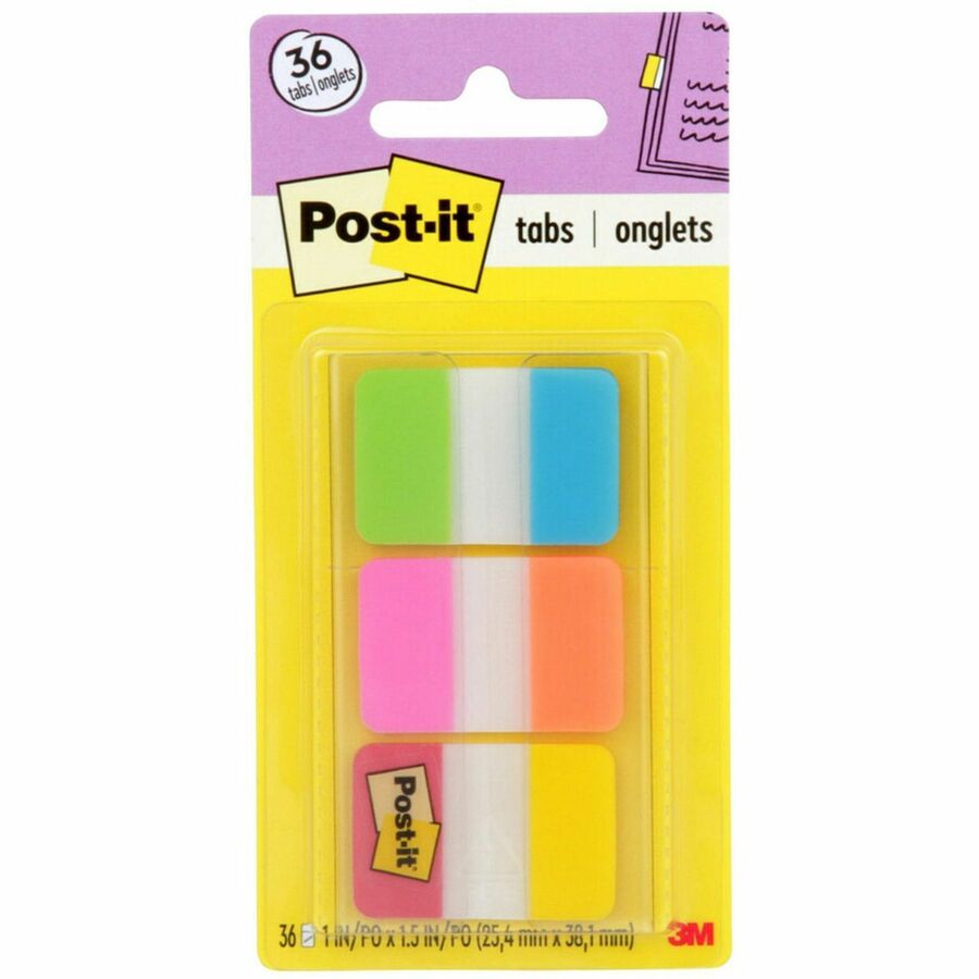 Post-it®, Alternating Tabs - 36 Tab(s) - 1" Tab Height x 1.50" Tab Width - Removable - Green Poly, Orange, Red, Yellow, Pink, Blue Tab(s) - Repositionable, Durable - 36 / Pack