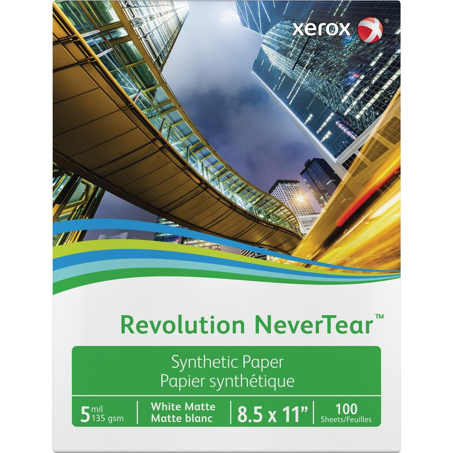 Xerox Revolution NeverTear Synthetic Paper - White - 94 Brightness - Letter - 8 1/2" x 11" - 135 g/m², Grammage - Matte - Weather Resistant, Chemical Resistant - White - 5 / Carton