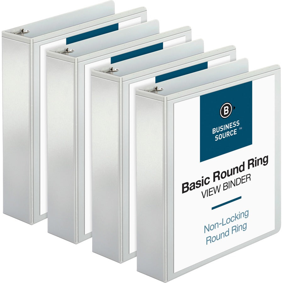 Business Source Round-ring View Binder - 2" Binder Capacity - Letter - 8 1/2" x 11" Sheet Size - 475 Sheet Capacity - Fastener: Round Ring - Pocket: 2, Internal - Polypropylene - White - Wrinkle-free, Gap-free Ring, Clear Overlay, Non Locking Mechanism...