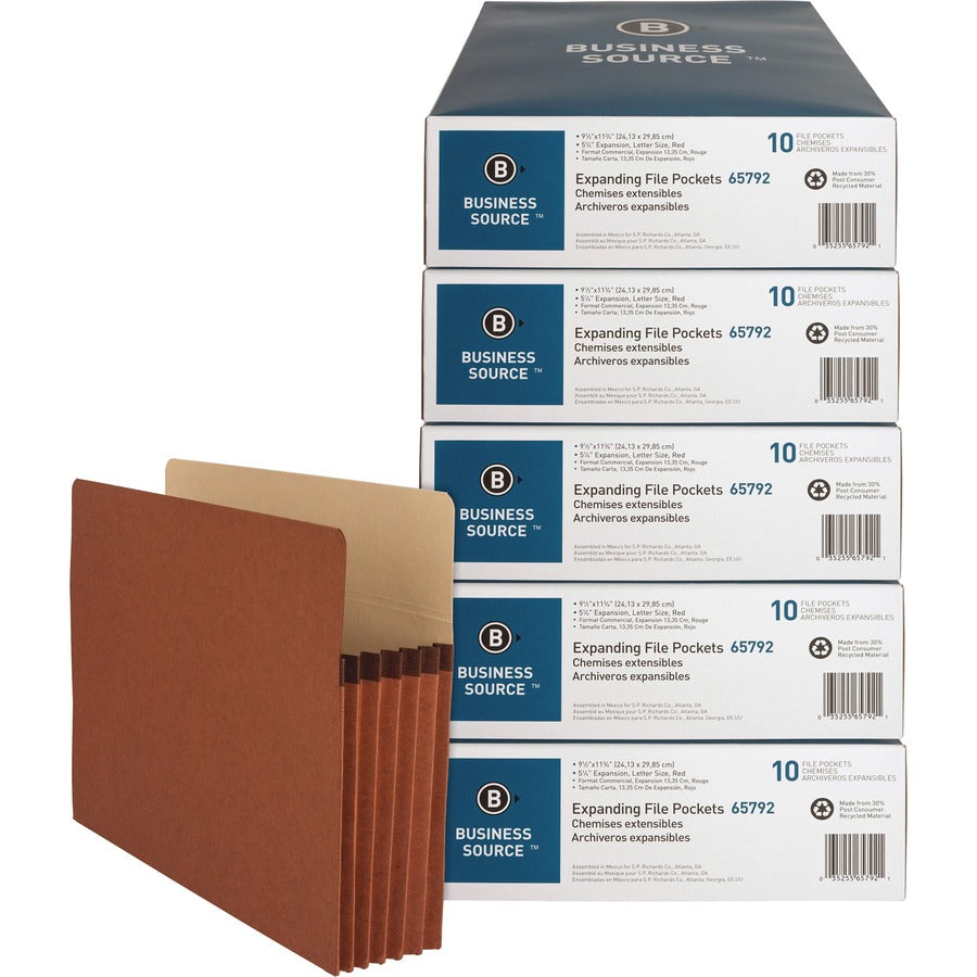 Business Source Letter Recycled File Pocket - 8 1/2" x 11" - 1200 Sheets Capacity - 5 1/4" Expansion - Redrope - Sturdy, Gusset, Durable, Tear Proof - 30% Recycled - 10/Box - 5 / Carton