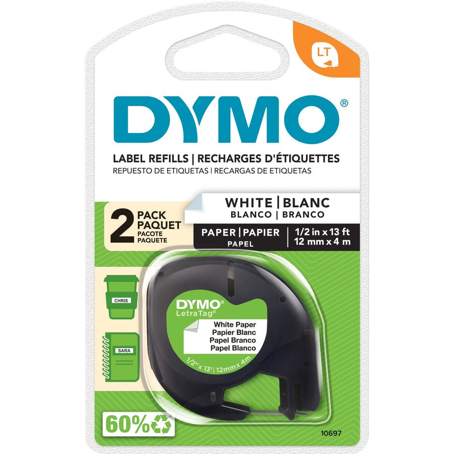 Dymo LetraTag Electronic Labelmaker Tape - 1/2" Width - Direct Thermal - White - Paper - 2/Pack - 3 / Box