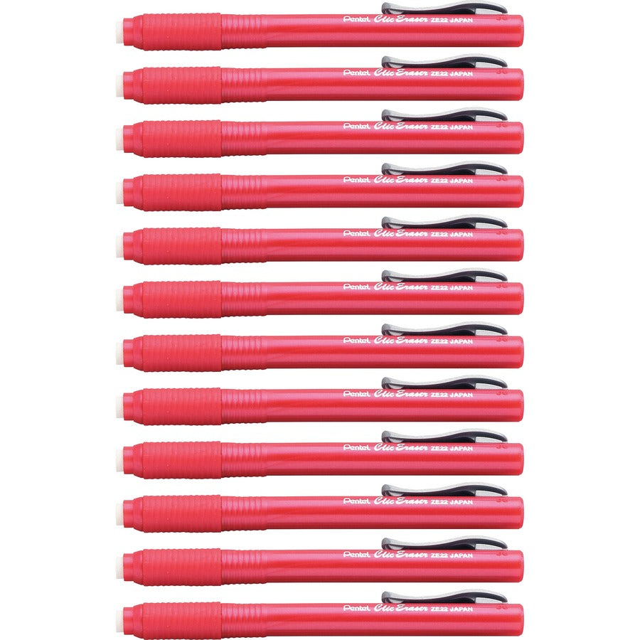 Pentel Rubber Grip Clic Eraser - Red Barrel - Pen - Refillable - 12 / Box - Retractable, Latex-free Grip, Pocket Clip, Ghost Resistant, Non-abrasive