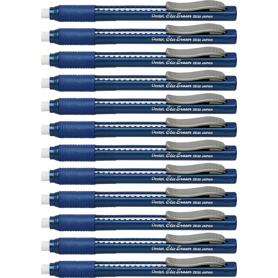 Pentel Rubber Grip Clic Eraser - Blue Barrel - Pen - Refillable - 12 / Box - Retractable, Latex-free Grip, Pocket Clip, Ghost Resistant, Non-abrasive