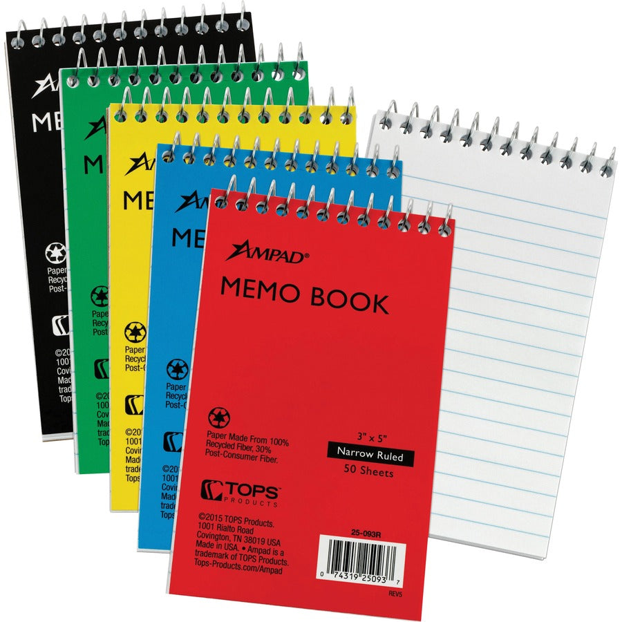 Ampad Topbound Memo Notebooks - 50 Sheets - Wire Bound - 3" x 5" Sheet Size - White Paper - Assorted Pressboard Cover - Rigid, Mediumweight - 5 / Bundle