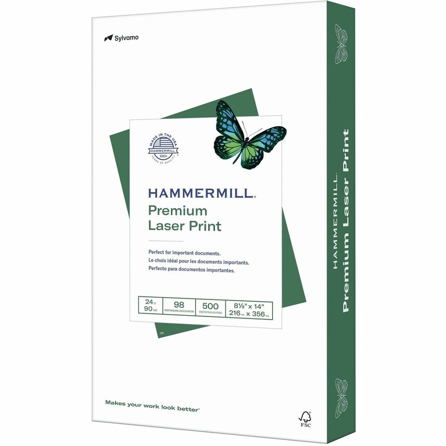 Hammermill Premium Laser Print Paper - White - 98 Brightness - Legal - 8 1/2" x 14" - 24 lb Basis Weight - Ultra Smooth - Sustainable Forestry Initiative (SFI) - White - 1 Ream