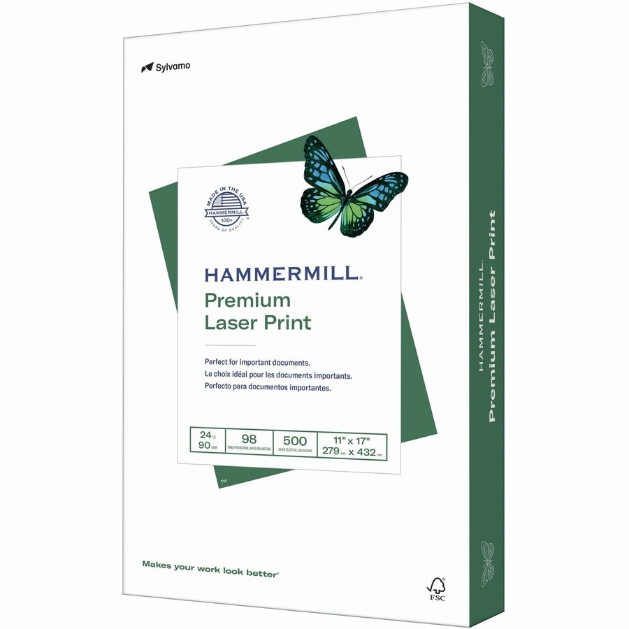 Hammermill Premium Laser Print Paper - White - 98 Brightness - Ledger/Tabloid - 11" x 17" - 24 lb Basis Weight - Ultra Smooth - Sustainable Forestry Initiative (SFI) - White - 1 Ream