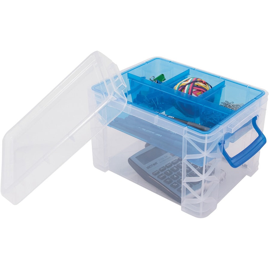 Super Stacker Divided Supply Box - External Dimensions: 10.1" Length x 7.5" Width x 6.5" Height - 5 Dividers - Lid Lock Closure - Stackable - Plastic - Clear, Blue - For Pen/Pencil, Paper Clip, Rubber Band - 1 Each