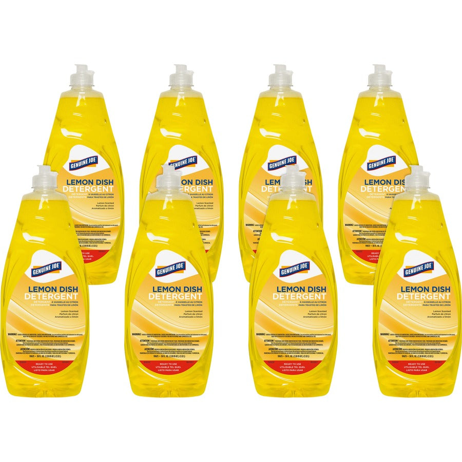 Genuine Joe Dish Detergent - For Pot - Concentrate - 38 fl oz (1.2 quart) - Lemon Scent - Recommended For: Grease Remover - Heavy Duty, Durable - Yellow - 8 / Carton