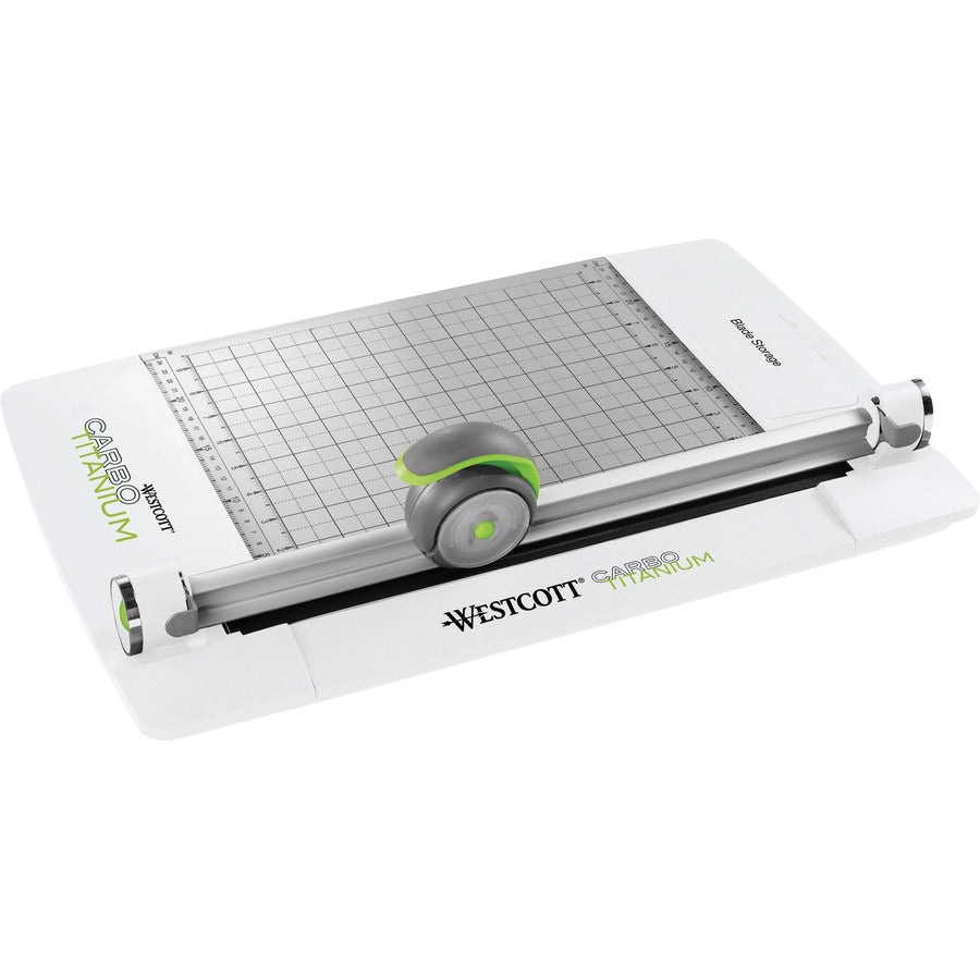 Westcott CarboTitanium Rotary Trimmer - CarboTitanium Blade - 12" Cutting Length - 3" Height x 12.1" Width x 19.3" Length - Multi-position Push Button - White, Green - 1 Each