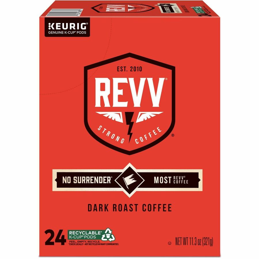 revv®, K-Cup, Pod No Surrender Coffee - Compatible with Keurig Brewer - Dark - K-Cup, Pod - Kosher - 24 / Box
