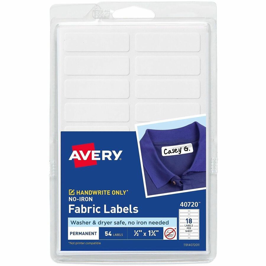 Avery®, No-Iron Fabric Labels - Waterproof - 1/2" Widthss x 1 3/4" Length - Permanent Adhesive - Rectangle - Matte - White - Film - 18 / Sheet - 3 Total Sheets - 54 Total Label(s) - 54/Pack - 18 / Carton