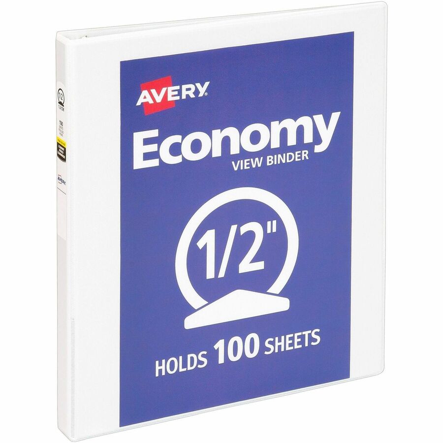 Avery®, Economy View Binder - 1/2" Binder Capacity - Letter - 8 1/2" x 11" Sheet Size - 100 Sheet Capacity - 3 Ring - Fastener: Round Ring - Pocket: 2, Internal - Vinyl, Chipboard - White - 13.12 lb - Gap-free Ring, Exposed Rivet, Non Locking Mechan...
