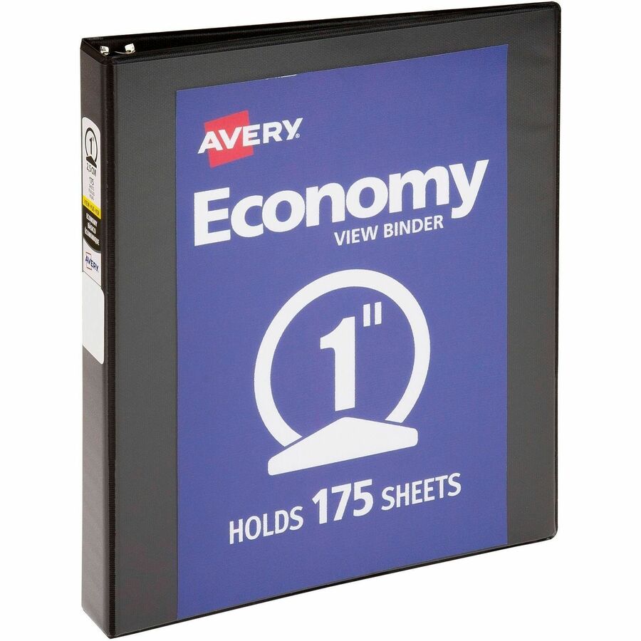 Avery®, Economy View Binder - 1" Binder Capacity - Letter - 8 1/2" x 11" Sheet Size - 175 Sheet Capacity - 3 Ring - Fastener: Round Ring - Pocket: 2, Internal - Vinyl, Chipboard - Black - 15.84 oz - Gap-free Ring, Exposed Rivet, Non Locking Mechanis...