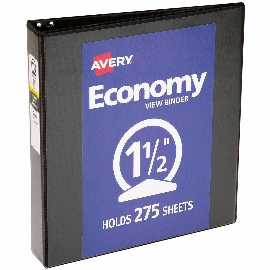 Avery®, Economy View Binder - 1 1/2" Binder Capacity - Letter - 8 1/2" x 11" Sheet Size - 275 Sheet Capacity - 3 Ring - Fastener: Round Ring - Pocket: 2, Internal - Vinyl, Chipboard - Black - Gap-free Ring, Exposed Rivet, Non Locking Mechanism, Clea...