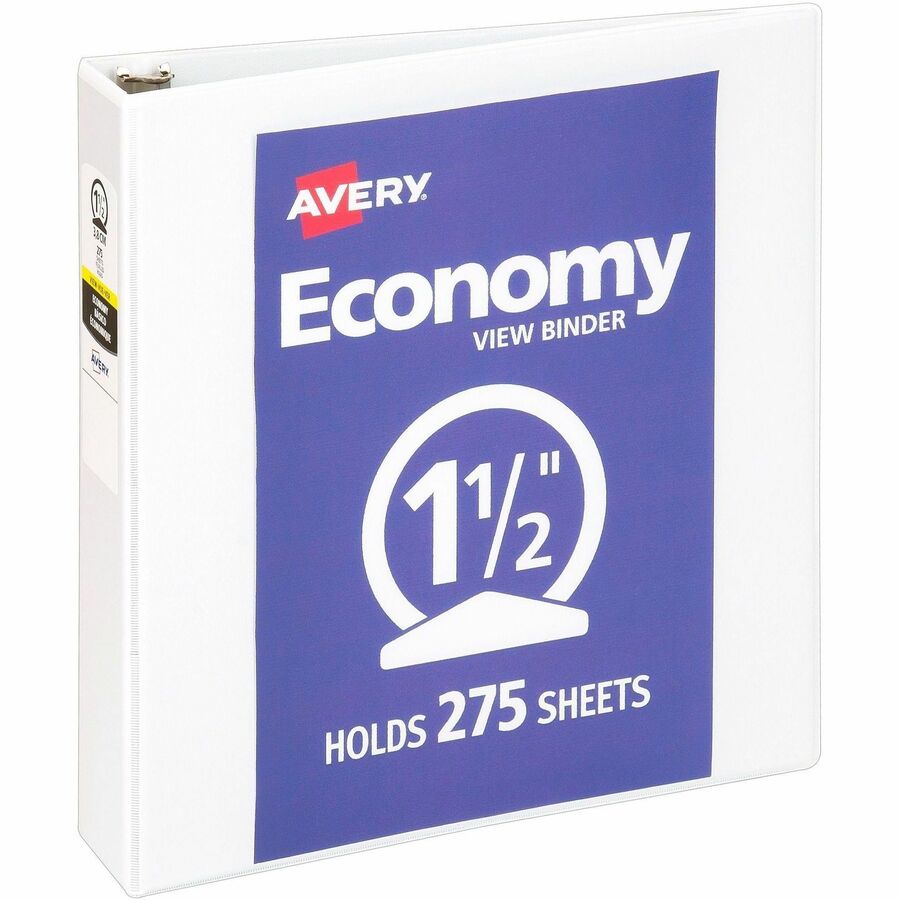 Avery®, Economy View Binder - 1 1/2" Binder Capacity - Letter - 8 1/2" x 11" Sheet Size - 275 Sheet Capacity - 3 Ring - Fastener: Round Ring - Pocket: 2, Internal - Vinyl, Chipboard - White - Gap-free Ring, Exposed Rivet, Non Locking Mechanism, Clea...