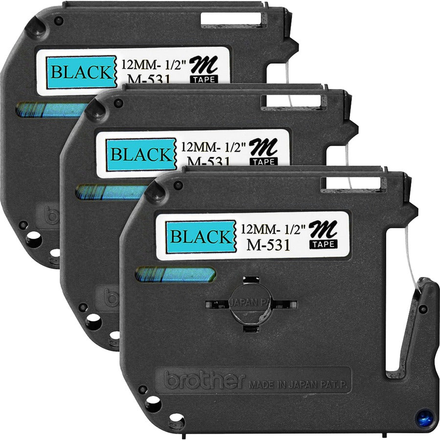 P-touch P-touch Nonlaminated M Series Tape Cartridge - 1/2" Width x 26 1/5 ft Length - Rectangle - Blue, Black - 3 / Bundle