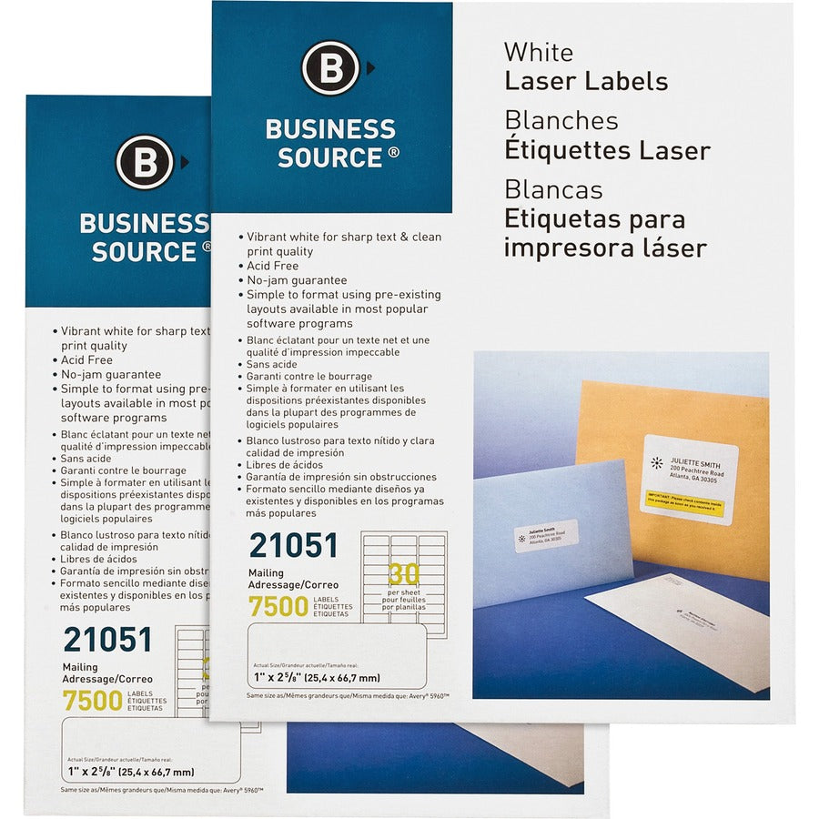 Business Source Bright White Premium-quality Address Labels - 1" Widthss x 2 5/8" Length - Permanent Adhesive - Rectangle - Laser, Inkjet - White - 30 / Sheet - 250 Total Sheets - 7500/Pack - 2 / Carton