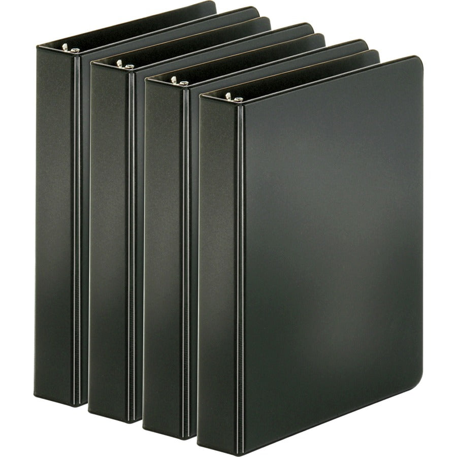 Business Source Basic Round Ring Binders - 1" Binder Capacity - 240 Sheet Capacity - 3 Ring - Fastener: Round Ring - Pocket: Inside Front & Back - Chipboard, Polypropylene - Black - Exposed Rivet, Sturdy, Open and Closed Triggers - 4 / Bundle