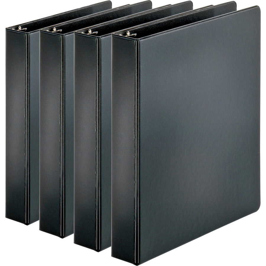 Business Source Basic Round Ring Binders - 1 1/2" Binder Capacity - Letter - 8 1/2" x 11" Sheet Size - 350 Sheet Capacity - 3 Ring - Fastener: Round Ring - Pocket: Internal - Chipboard, Polypropylene - Black - 1.02 lb - Exposed Rivet, Sturdy - 4 / Bundle