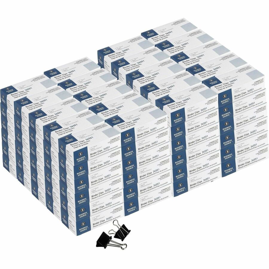 Business Source Fold-back Binder Clips - Medium - 1.3" Length x 1.3" Width - 0.63" Size Capacity - Black - Steel - 1 Dozen/Box - 10 / Carton