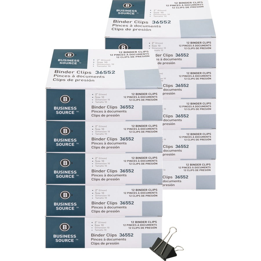 Business Source Fold-back Binder Clips - Large - 2" Length x 2" Width - 1" Size Capacity - Black - Steel - 1 Dozen/Box - 10 / Bundle