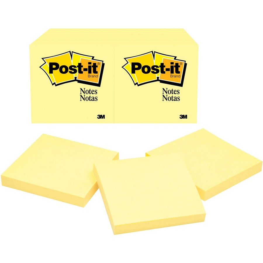 Post-it®, Notes Original Notepads - 3" Flag/Note Width x 3" Flag/Note Length - Square - 100 Sheets per Pad - Unruled - Canary Yellow - Paper - Self-adhesive, Repositionable - 12/Pack - 2 / Bundle