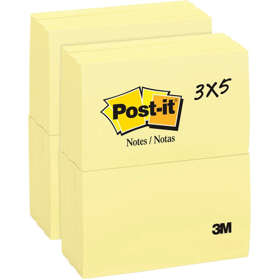 Post-it®, Notes Original Notepads - 3" Flag/Note Width x 5" Flag/Note Length - Rectangle - 100 Sheets per Pad - Unruled - Canary Yellow - Paper - Self-adhesive, Repositionable - 12/Pack - 2 / Bundle