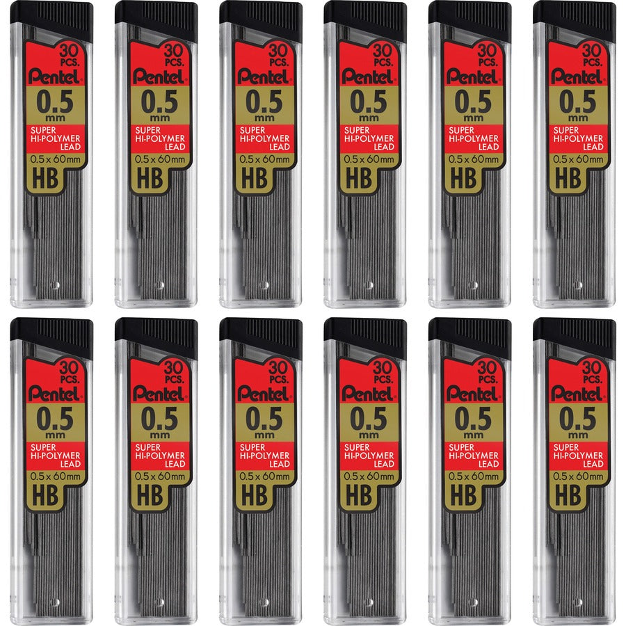 Pentel Super Hi-Polymer Leads - 0.5 mm , Fine Point - HB - Black Lead - 30/Tube - 12 / Box