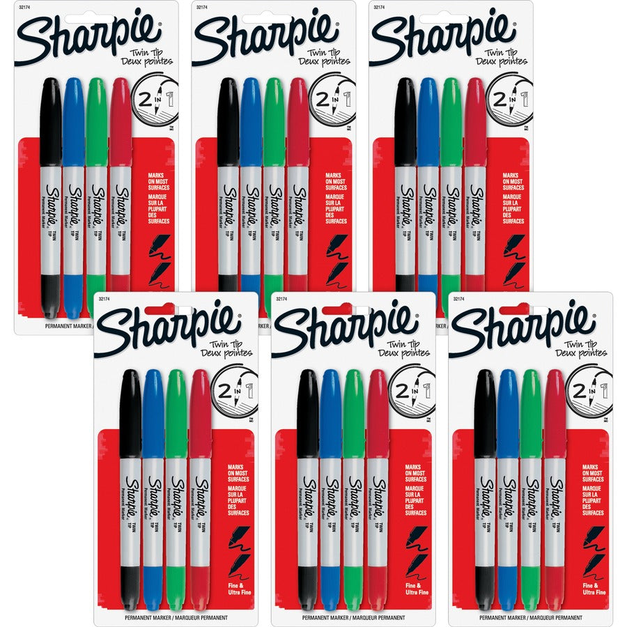 Sharpie Twin Tip Permanent Markers - Red, Green, Blue, Black Ink - Alcohol Based - 4/Set - 6 / Bag