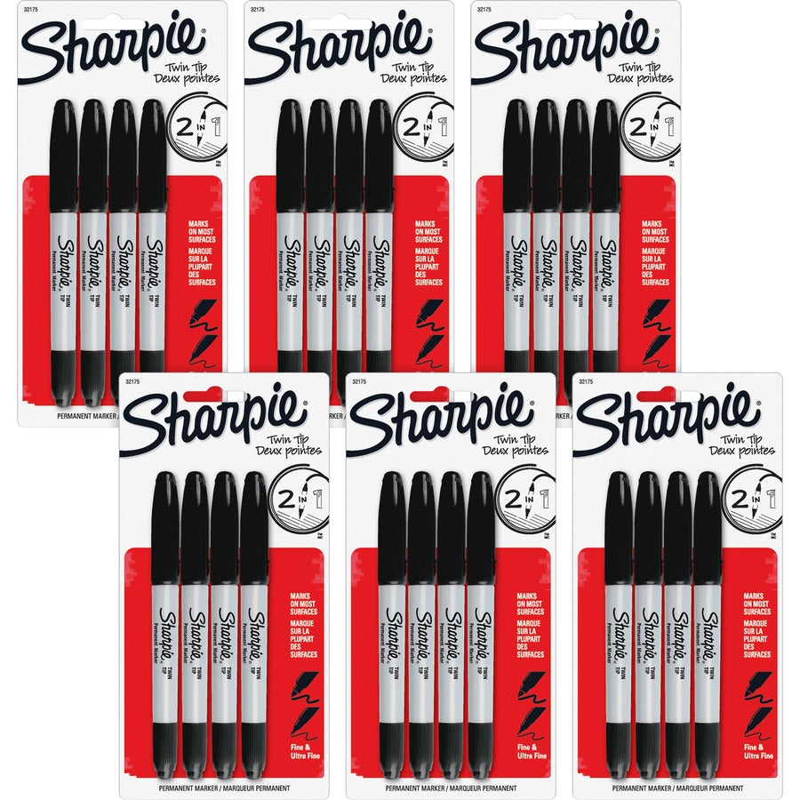 Sharpie Twin Tip Permanent Markers - Black Ink - Alcohol Based - 4/Pack - 6 / Bag