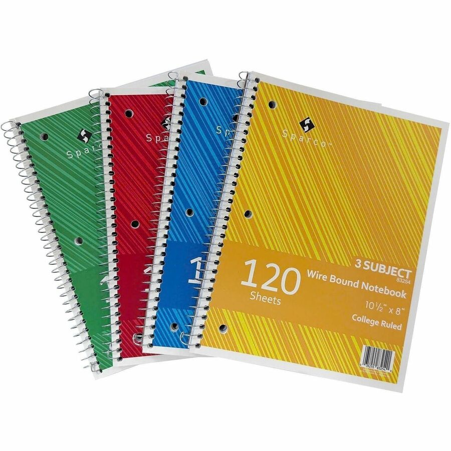 Sparco Wire Bound College Ruled Notebook - 120 Sheets - Wire Bound - College Ruled Front Ruling - Unruled Margin - 16 lb Basis Weight - 8" x 10 1/2" Sheet Size - Assorted Paper - Assorted Chipboard Cover - Resist Bleed-through, Subject, Stiff-cover, St...