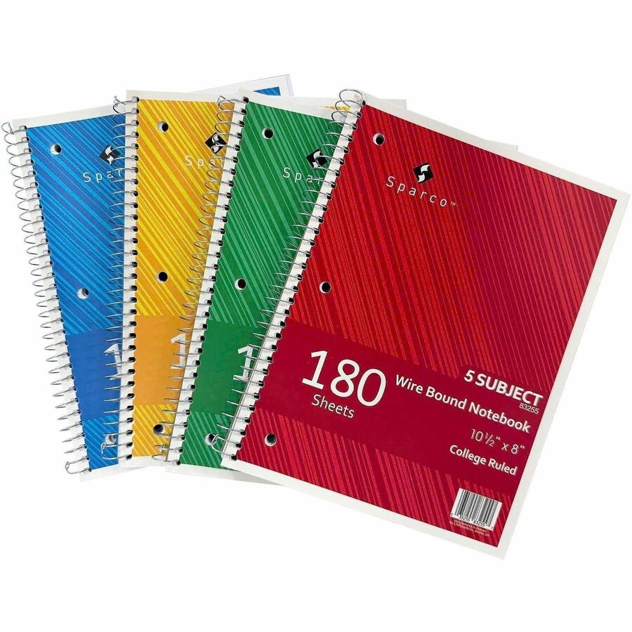 Sparco Wirebound College Ruled Notebooks - 180 Sheets - Wire Bound - College Ruled Front Ruling - Unruled Margin - 8" x 10 1/2" Sheet Size - Assorted Paper - Assorted Chipboard Cover - Resist Bleed-through, Subject, Stiff-back, Stiff-cover - 5 / Bundle