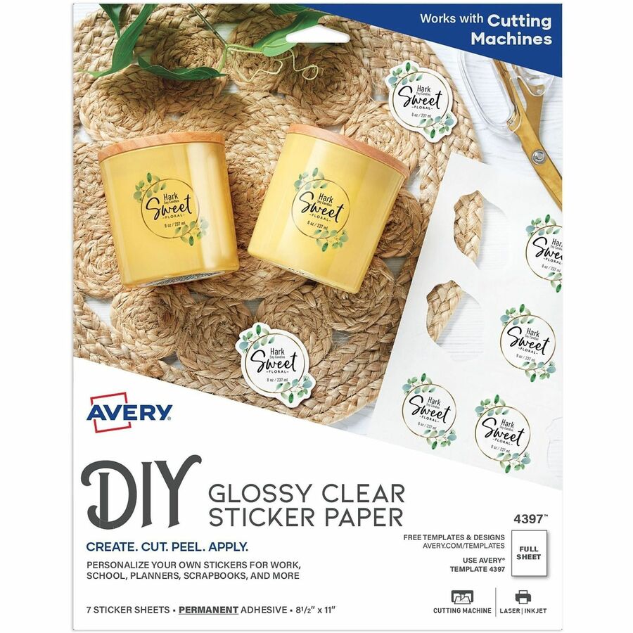 Avery®, Permanent Sticker Paper - Letter - 8 1/2" x 11" - Printable, Permanent, Print-to-the-edge, Acid-free, Lignin-free - Glossy, Clear - 7/Pack - 1 Carton