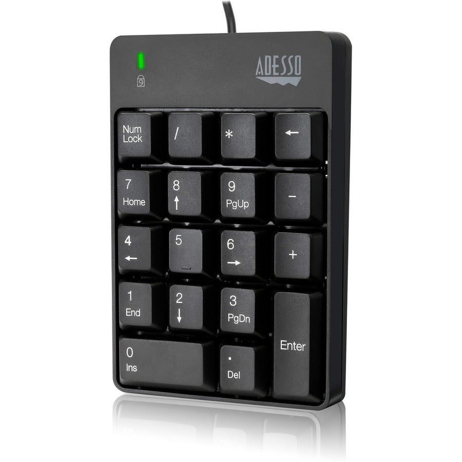 Adesso USB Spill Resistant 18-Key Numeric Keypad - Cable Connectivity - USB Interface - 18 Key(s) - Windows 10, Windows 8, Windows 7 - English (US) - Computer - PC - Membrane Keyswitch - Black