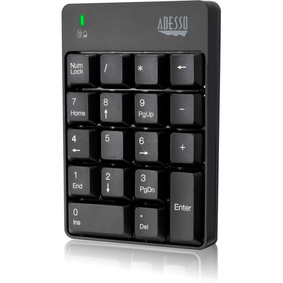 Adesso Wireless Spill Resistant Numeric Keypad - Wireless Connectivity - RF - 30 ft - 2.40 GHz - USB Interface - 18 Key(s) - Windows 10, Windows 8, Windows 7 - English (US) - Computer - PC - Membrane Keyswitch - AAA Battery Size Supported - Black