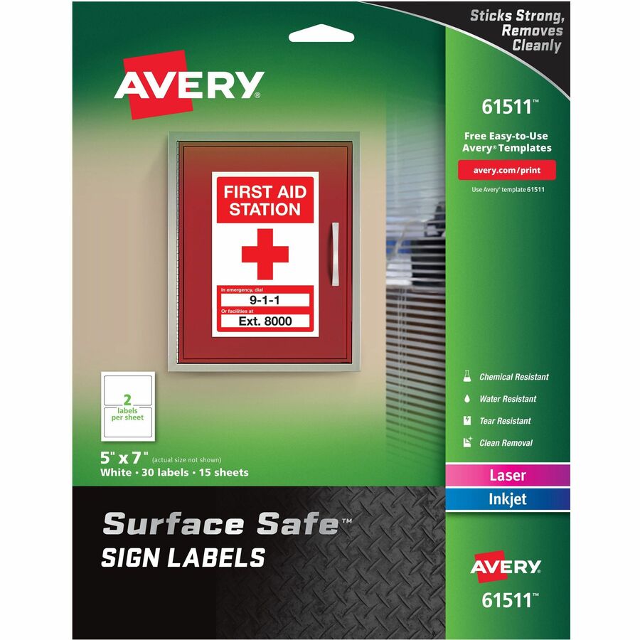 Avery®, 5"x7" Removable Label Safety Signs - 5" Width x 7" Length - Removable Adhesive - Rectangle - Laser, Inkjet - White - Film - Water Resistant - 2 / Sheet - 15 Total Sheets - 30 Total Label(s) - 30 / Pack
